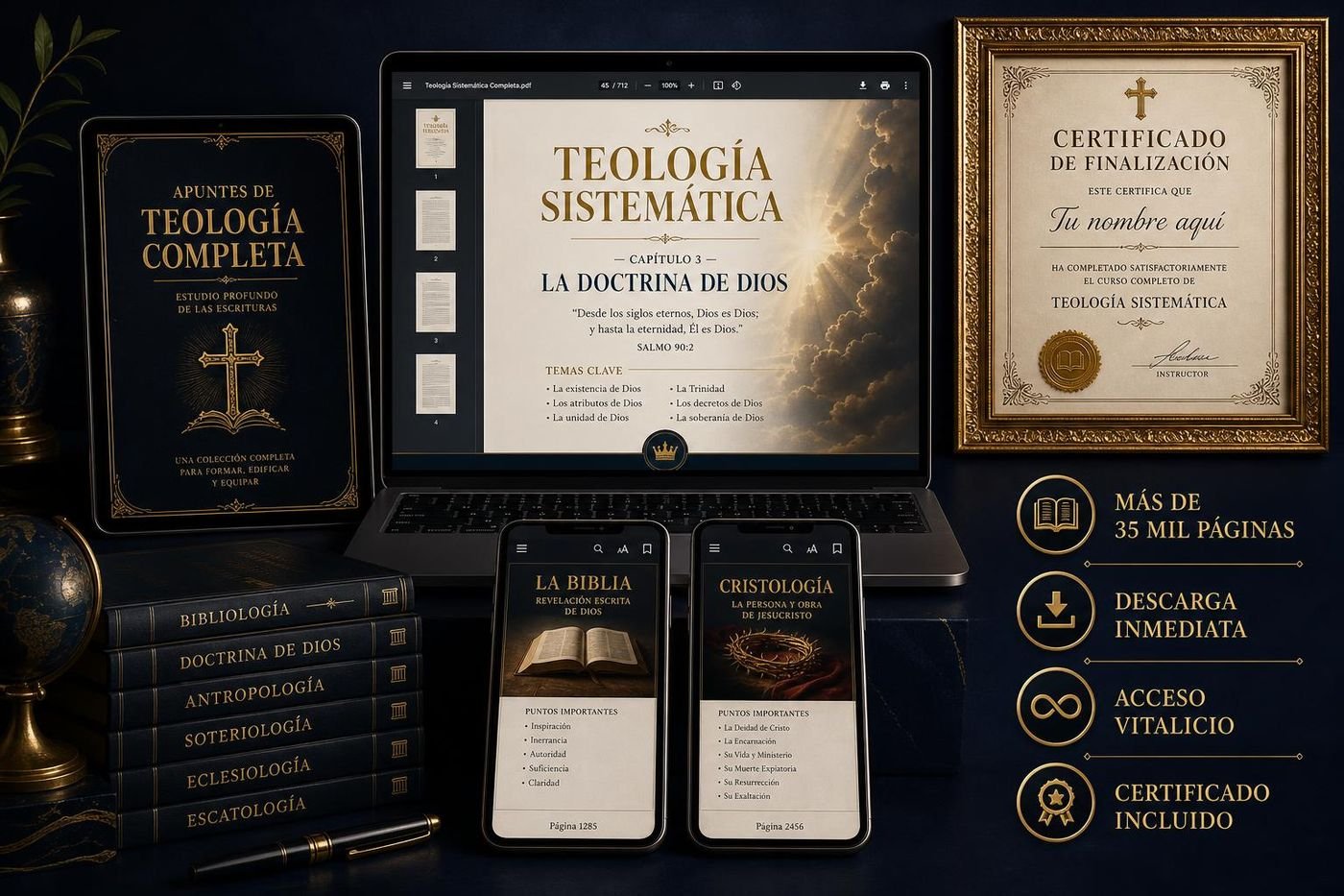Material del curso de teología en laptop, tablet y celulares junto al certificado de finalización enmarcado